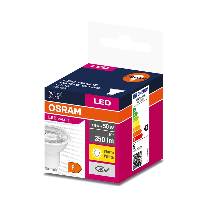 LED лампа, рефлекторна Тип PAR16 4,5W 350lm 3000K 220V GU10 Ra≥80 36° недимируема - OSRAM LED VALUE PAR16 WHITE