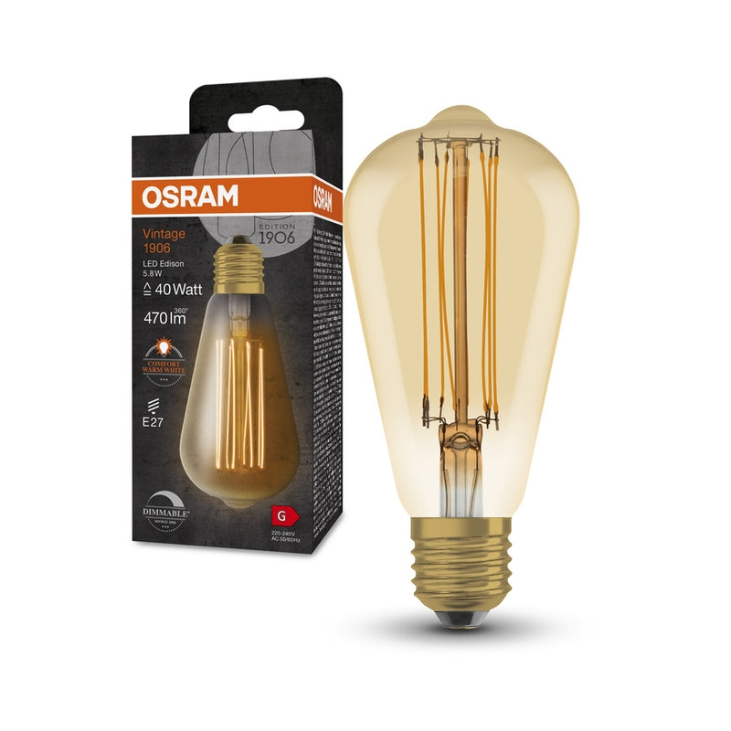 LED винтидж лампа 1906LEDISOND5,8W, 2200К, 230V FILGD E27 FS1, димируема - OSRAM Vintage 1906 LED CLASSIC SLIM FILAMENT EDISON DIMMABLE