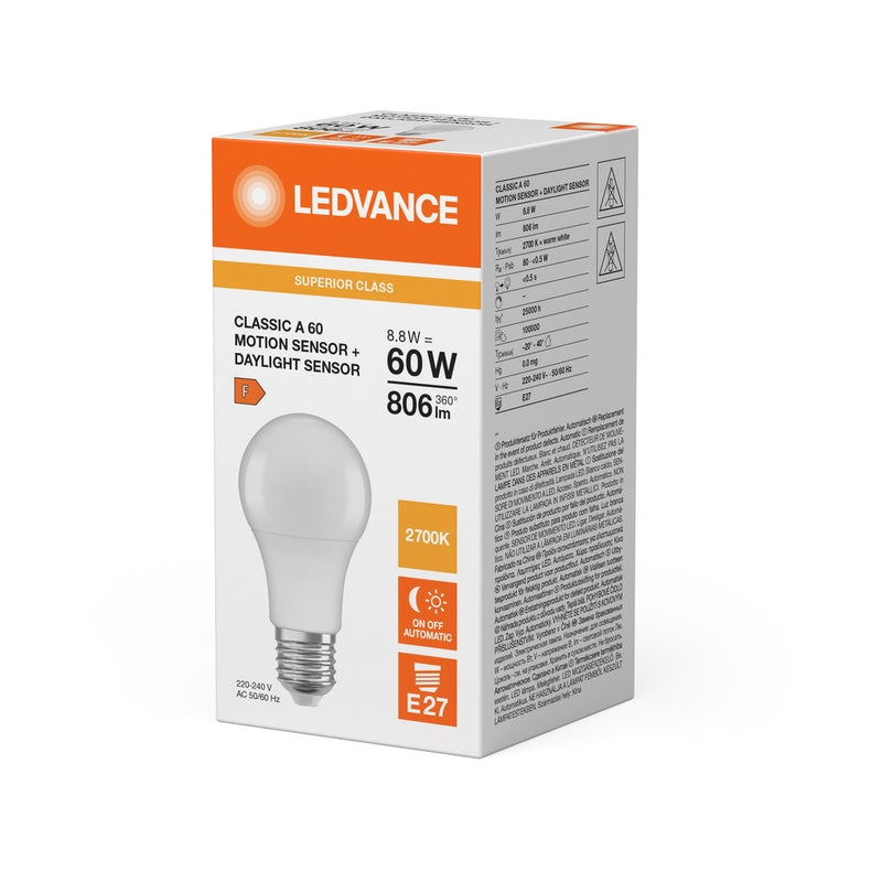 LED лампа тип SUPERIOR CLASS CLASSIC A 60 FR недимир. 8,8W 2700К Ra>80 E27 - LEDVANCE LED CLASSIC A MOTION & DAYLIGHT SENSOR
