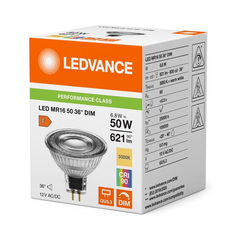 LED лампа MR16 6,8W 621lm 3000K Ra>90, GU5.3, 12V, димируем - LEDVANCE LED REFLECTOR MR16 S