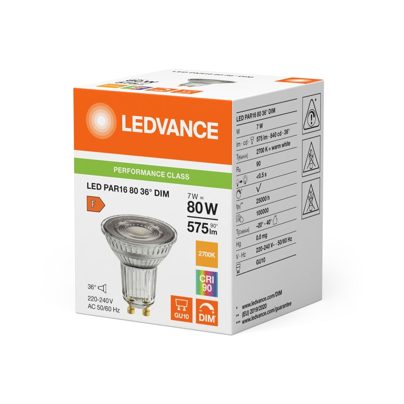 LED лампа, рефлекторна Тип PAR16 7W 575lm 2700K 220V GU10 Ra≥90 36°  димируем - LEDVANCE LED PAR16 DIM P