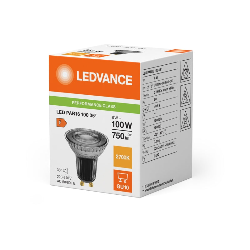 LED лампа 8W 750lm 2700K Ra>80 PAR16 цокъл GU10 36° 220V недимируема - LEDVANCE LED PAR16 P