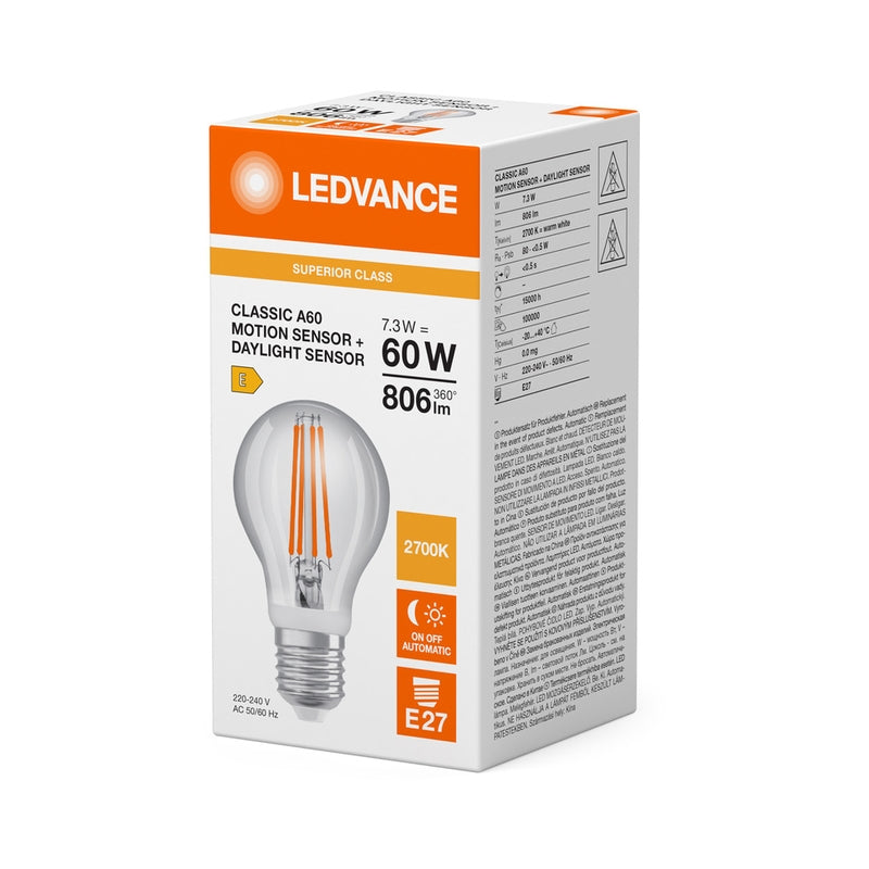 LED лампа тип Classic A 60 Filament Motion със сензор S 7.3W 2700К прозрачна, E27 - LEDVANCE LED CLASSIC A MOTION & DAYLIGHT SENSOR