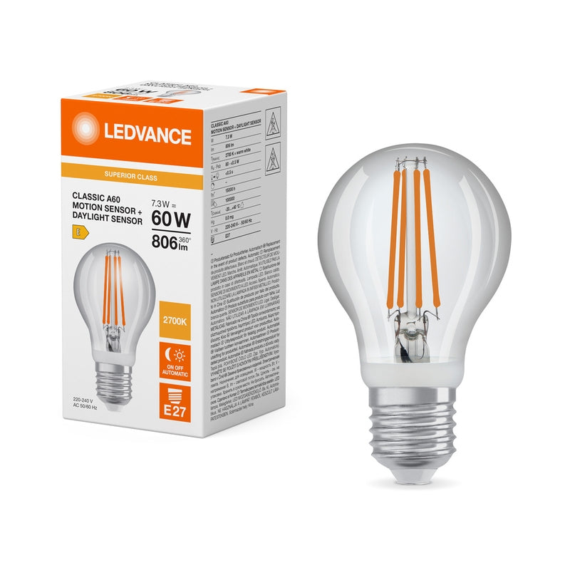 LED лампа тип Classic A 60 Filament Motion със сензор S 7.3W 2700К прозрачна, E27 - LEDVANCE LED CLASSIC A MOTION & DAYLIGHT SENSOR