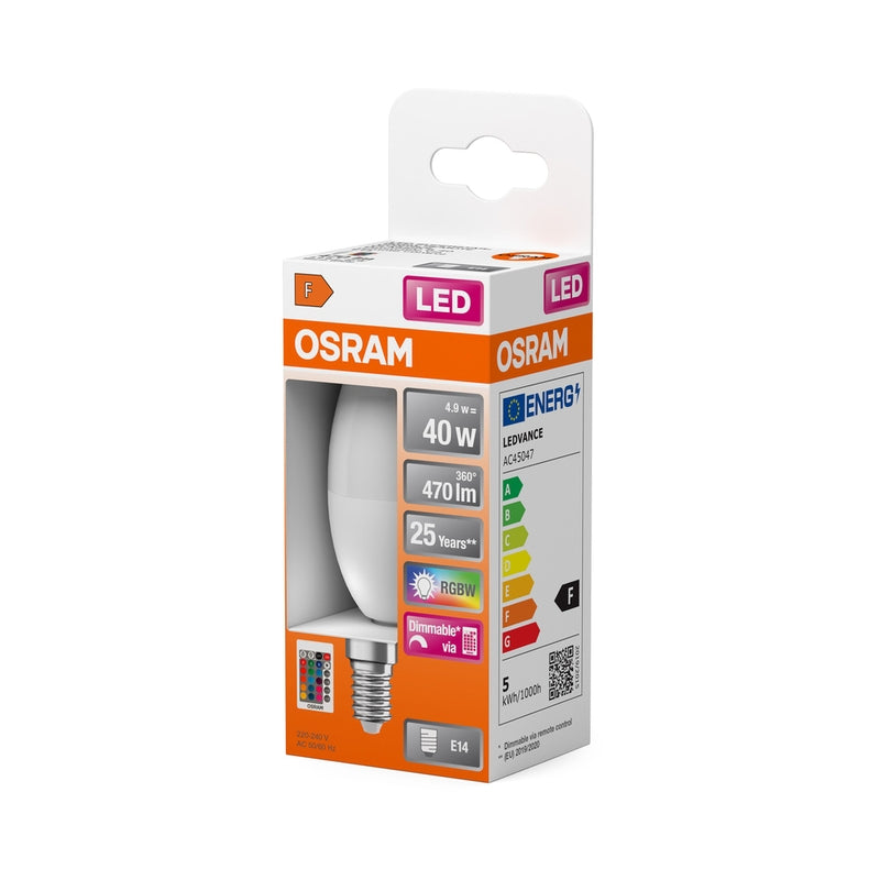 LED лампа тип LED SUPERSTAR+ CLASSIC B Fros+A5:B25ted 40 димир. 4,9W 2700К Ra>80 E14 - OSRAM LED Retrofit RGBW lamps with remote control
