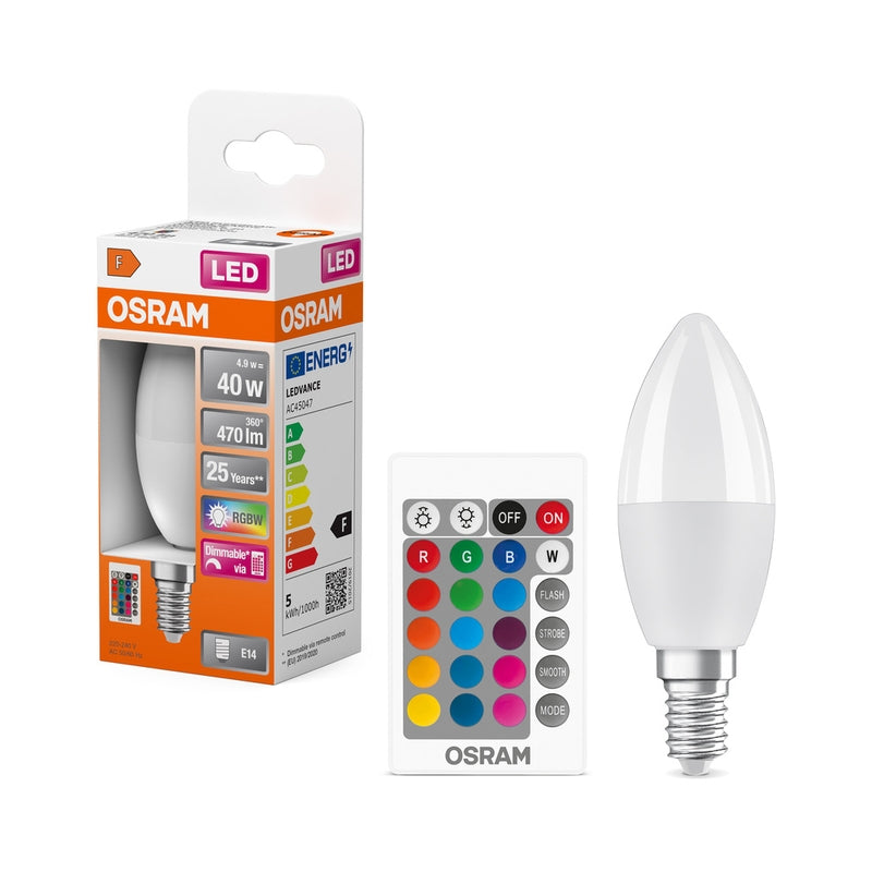 LED лампа тип LED SUPERSTAR+ CLASSIC B Fros+A5:B25ted 40 димир. 4,9W 2700К Ra>80 E14 - OSRAM LED Retrofit RGBW lamps with remote control