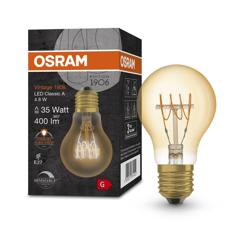 LED винтидж лампа 1906LCLAD 4,8W 2200K 230V SFILGD E27 FS1, димируема - OSRAM Vintage 1906 LED CLASSIC A,B,P SLIM FILAMENT DIMMABLE