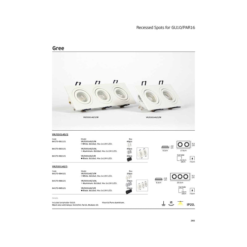 VK/03014G/3/B Квадратен насочваем спот, 3xGU10/PAR16, Max 3x12W (LED), IP20, 25.5x9.3x2.8cm, черен - VK LED Cree