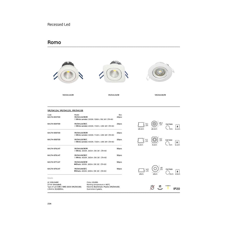 VK/04124/W/C LED спот за вграждане, 10W, 4000K, 730lm, 36°, CRI>80, IP20, ø8.2x6.1cm, бял - VK LED Romo