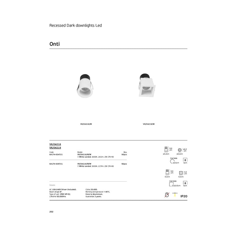 VK/04218/W/W Вграден LED спот, 2W, 3000K, 241lm, 8°, IP20, бял - VK LED Onti