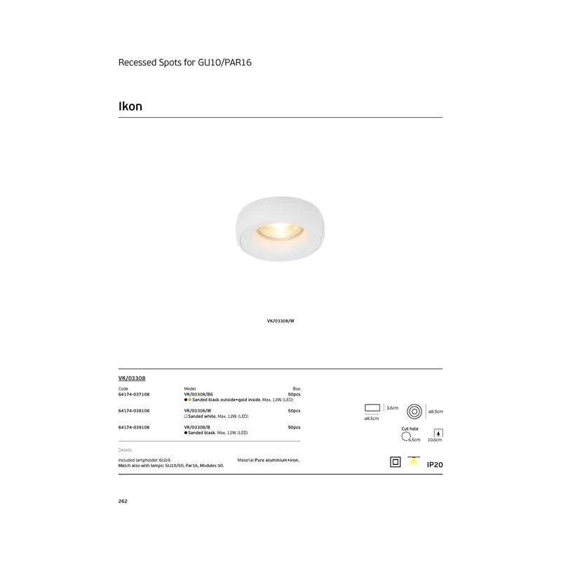 VK/03308/BG Спот за вграждане за GU10/PAR16, Max12W (LED), IP20, ø8.5x3.6cm, шлифовано черно отвън + златно отвътре - VK LED Ikon