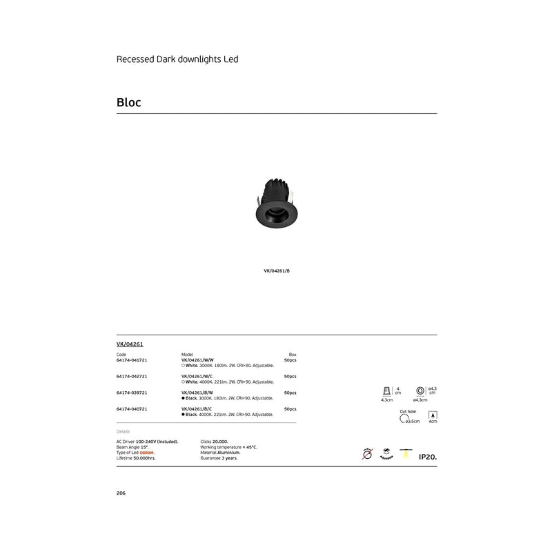 VK/04261/B/W Вграден LED насочваем спот, 2W, 3000K, 180lm, 15°, IP20, черен - VK LED Bloc