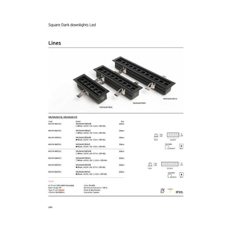 VK/04267/W/9/W Вграден LED спот за таван, 8W, 3000K, 977lm, 15°, CRI>90, IP20, бял - VK LED Lines