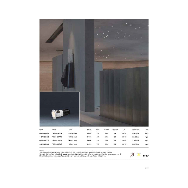 VK/04439/W/W  Вграден LED спот за таван, 1W, 3000K, 65lm, 24°, CRI>90, IP20, 2.3x2.3cm, бял - VK LED Smol