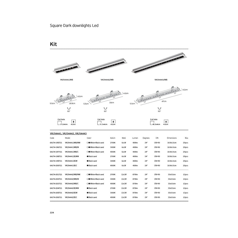 VK/04442/WB/W  Вграден LED спот за таван, насочваем, 12x1W, 3000K, 870lm, 24°, CRI>90, IP20, 33x5.5x4.2cm, бяло+черно - VK LED Kit