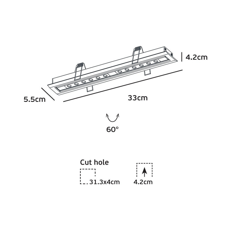 VK/04442/WB/W  Вграден LED спот за таван, насочваем, 12x1W, 3000K, 870lm, 24°, CRI>90, IP20, 33x5.5x4.2cm, бяло+черно - VK LED Kit
