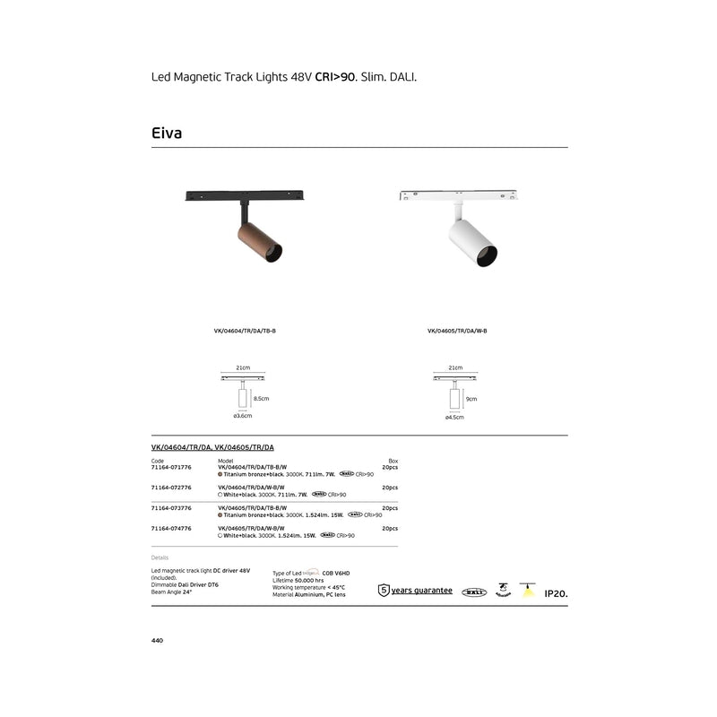 VK/04604/TR/DA/W-B/W EIVA, LED осветител за магнитна шина 48V, Тънка, DALI, 3000K, 711lm, 7W, CRI>90, IP20, ø3.6x8.5cm, бяло + черно - VK LED Eiva