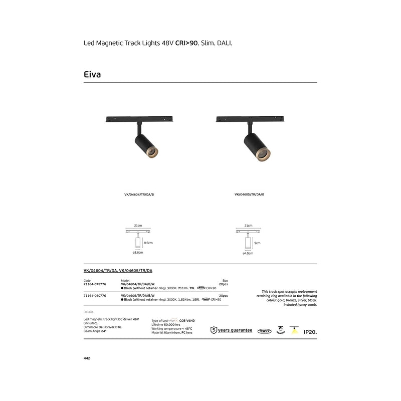 VK/04604/TR/DA/B/W EIVA, LED осветител за магнитна шина 48V, Тънка,  DALI, 3000K, 711lm, 7W, CRI>90, ø3.6x8.5cm, IP20, черен (без ринг) - VK LED Eiva