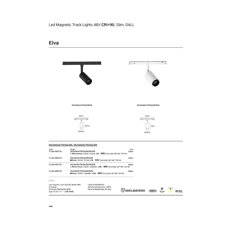 VK/04605/TR/DA/ZM/W-B/W EIVA, LED осветител  за магнитна шина 48V, Тънка, DALI, 3000K, 1.524lm, 15W, увеличаващо 15°-45°, CRI>90, ø4.5x9cm, IP20, бяло + черно - VK LED Eiva