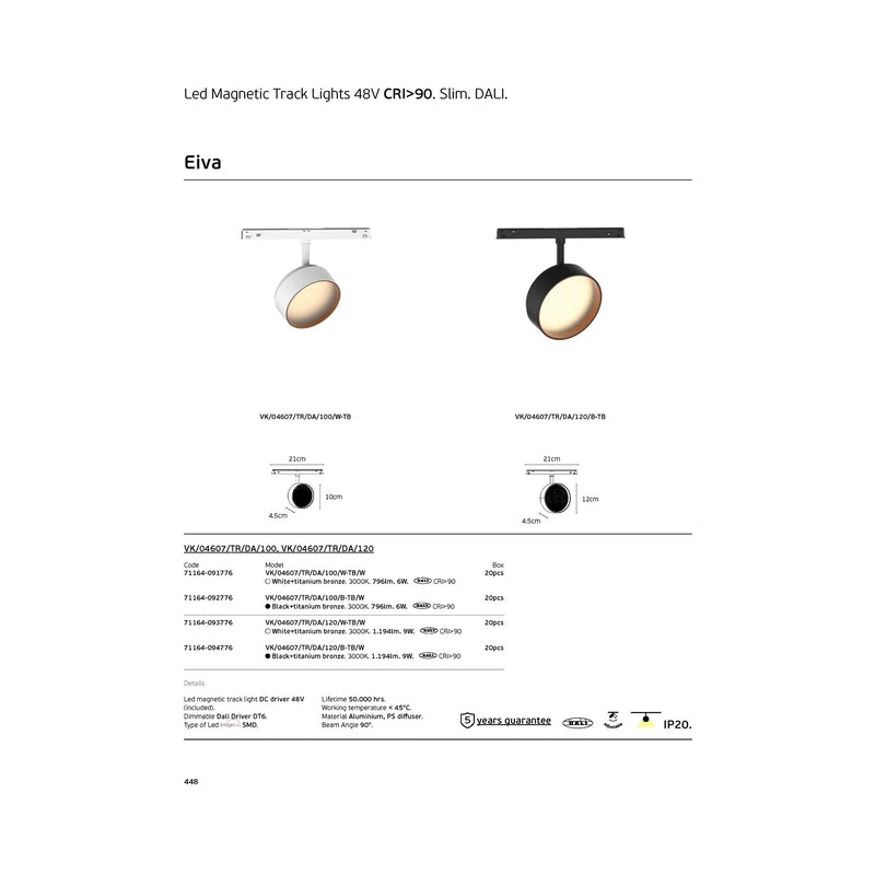 VK/04607/TR/DA/120/B-TB/W EIVA, LED осветител за магнитна шина 48V. Тънка DALI, 3000K, 1.194lm, 9W, CRI>90, ø12cm, IP20, черно+титаний бронз - VK LED Eiva