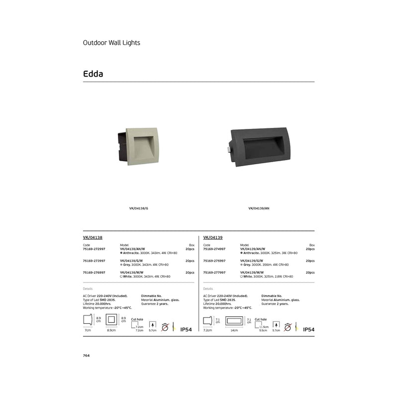 VK/04138/AN/W LED осветител за стена, 220-240V, 4W, 3000K, 343lm, CRI>80, IP54, 8.9x8.9cm, антрацит - VK LED Edda