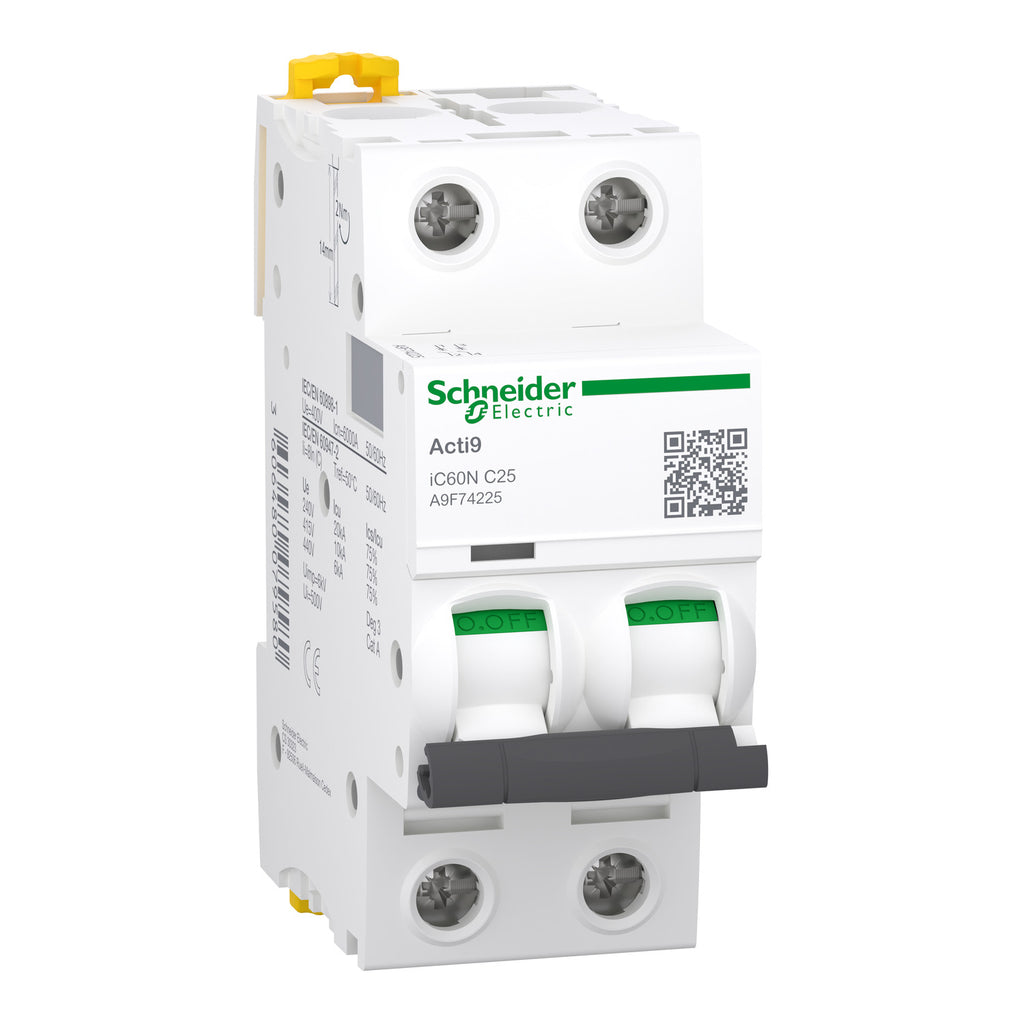 Миниатюрен Автоматичен прекъсвач iC60N за монтаж на DIN шина - 2P - 25A - крива C - SCHNEIDER ELECTRIC Acti 9 iC60 A9F74225