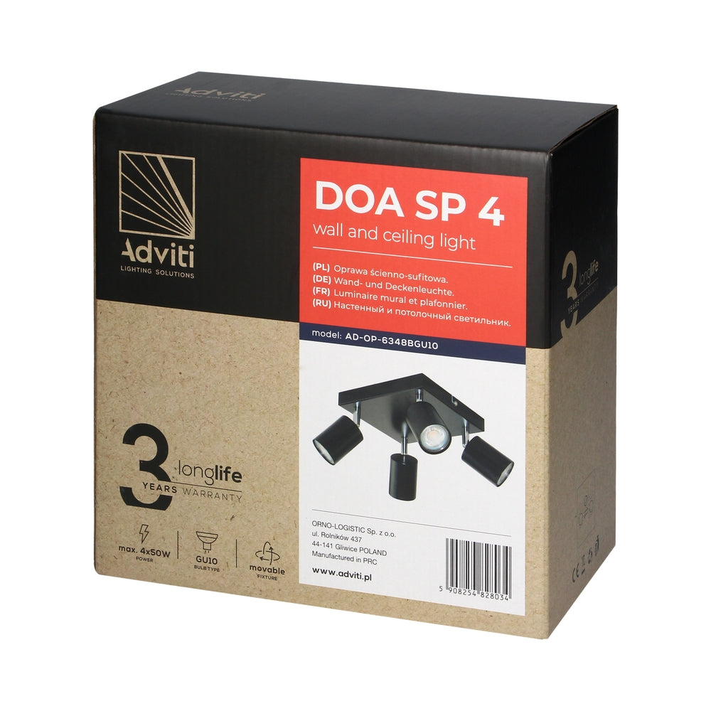 Осветител за таван и стена DOA SP 4, GU10, max. 4x50W, IP20, черен - Orno AD-OP-6348BGU10