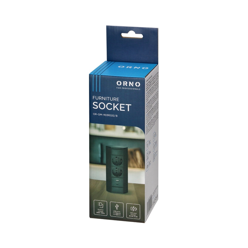 Разклонител за мебел ъглов 2x 2P+E Шуко 2x USB A+C 2.4А с кабел 0.6...
