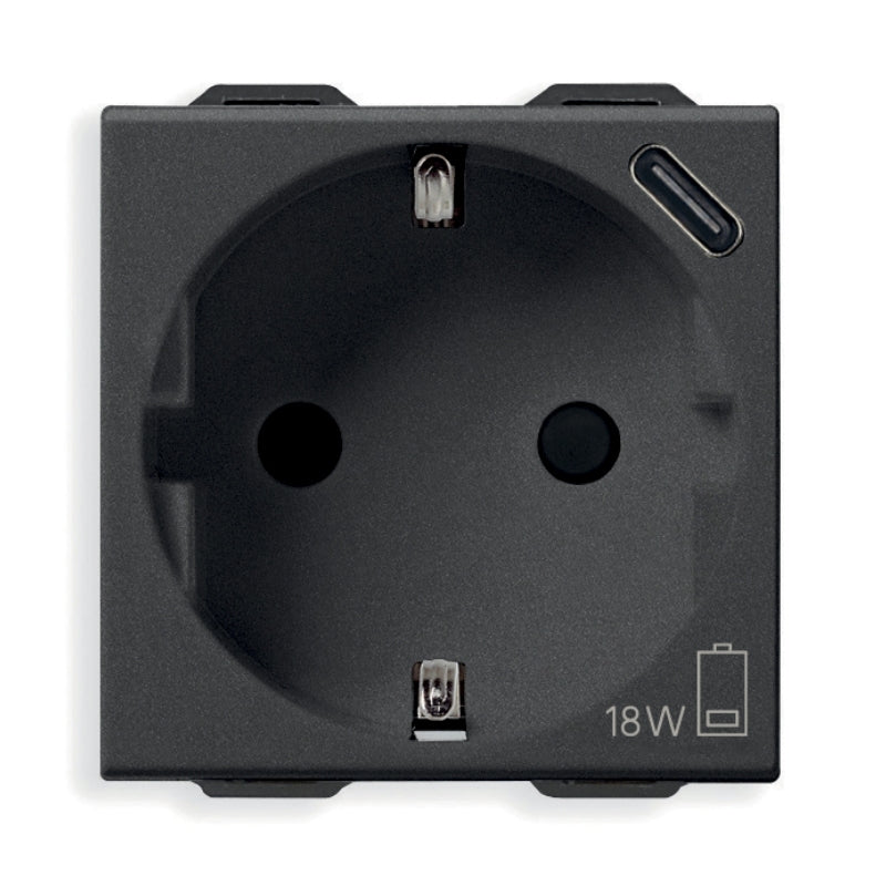 Контакт Шуко 2P+E 16A и USB тип C max 18W 2M Карбон мат - VIMAR Neve Up 09208.USB.CM
