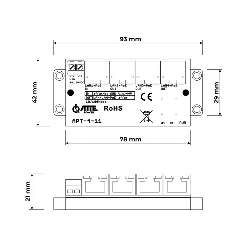 1xPoE IN 3xPoE Out мрежов суич 10/100 - ATTE Power APT-4-11