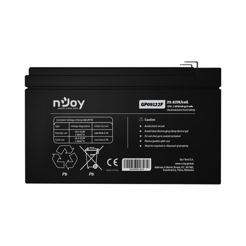Батерия 12V 2982W/cell - 9Ah Тип VRLA без поддръжка F2 конектор - NJOY GP09122F