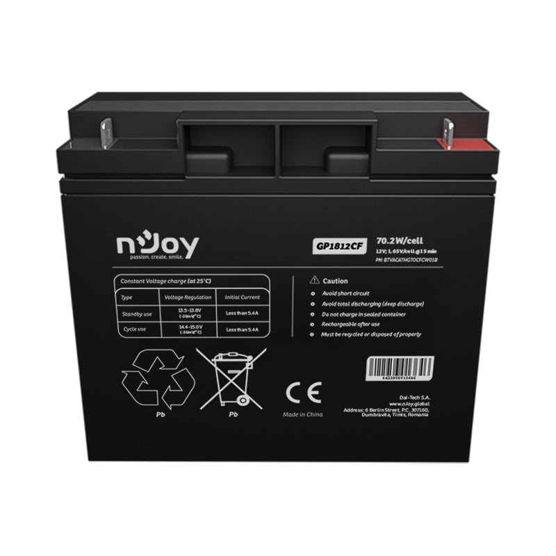 Батерия 12V 70,2W/cell - 18Ah Тип VRLA без поддръжка T3 конектор - NJOY GP1812CF