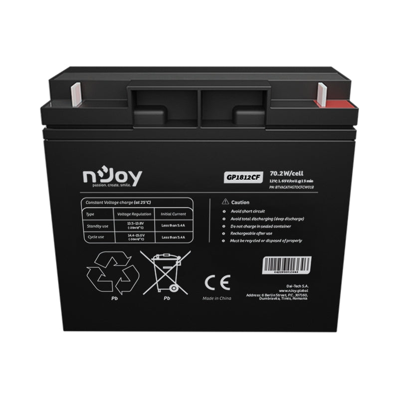 Батерия 12V 70,2W/cell - 18Ah Тип VRLA без поддръжка T3 конектор - NJOY GP1812CF