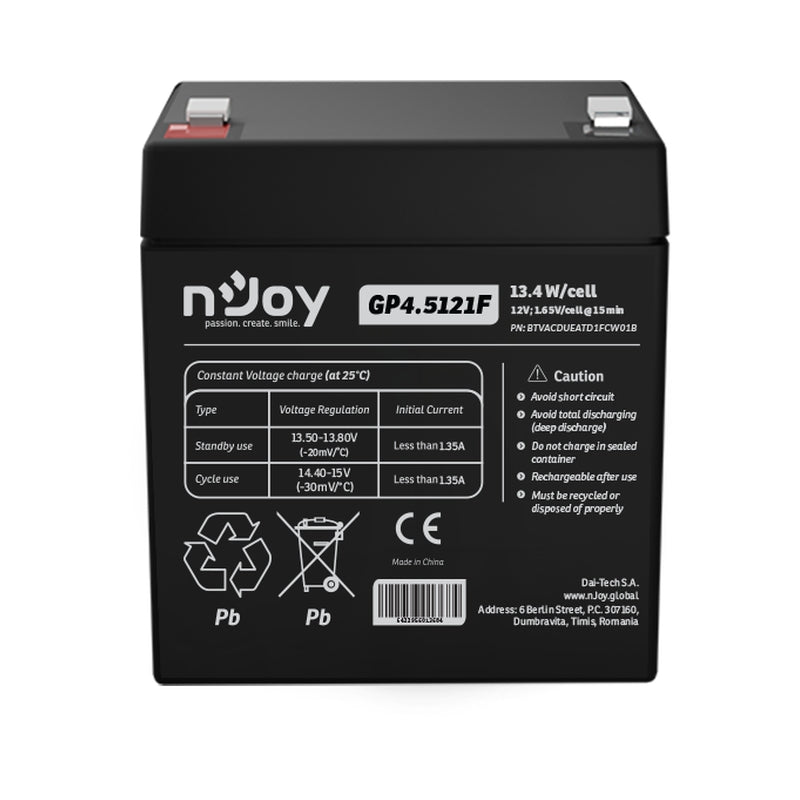 Батерия 12V 134W/cell - 4.5Ah Тип VRLA без поддръжка T1 конектор - NJOY GP4.5121F