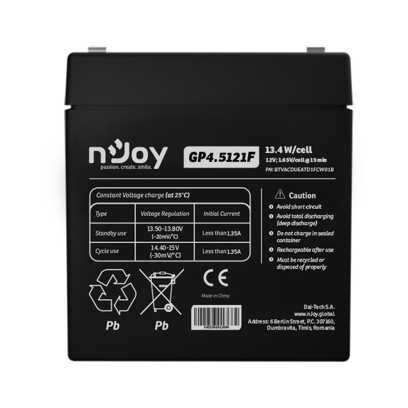 Батерия 12V 134W/cell - 4.5Ah Тип VRLA без поддръжка T1 конектор - NJOY GP4.5121F