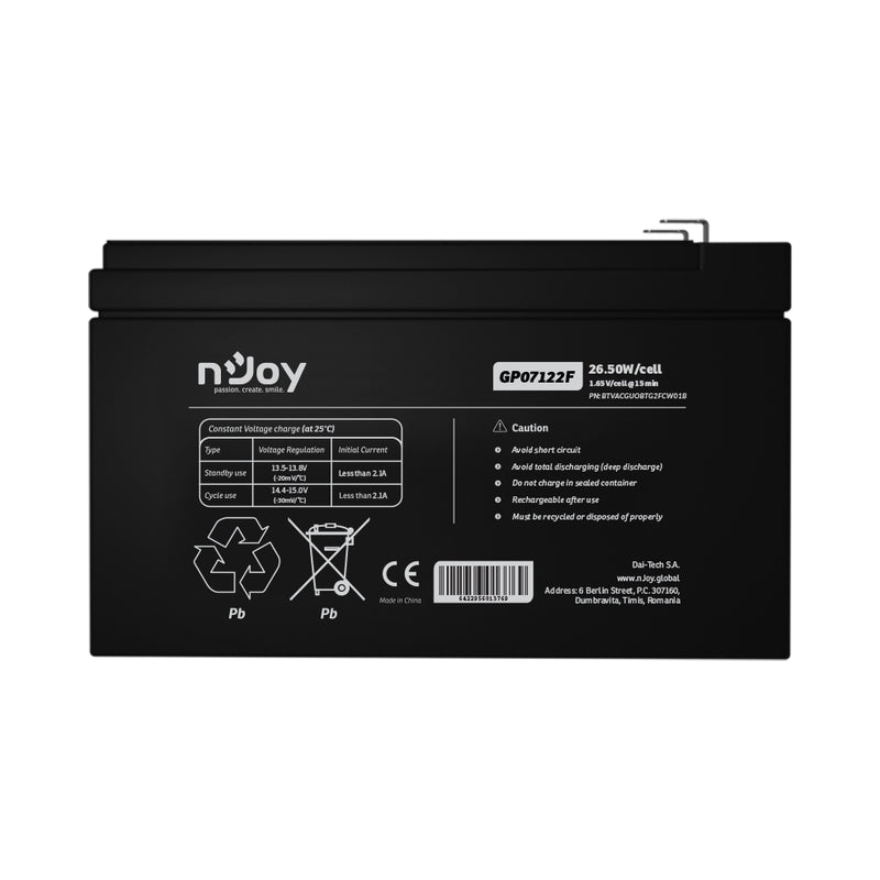 Батерия 12V 265W/cell - 7Ah Тип VRLA без поддръжка F2(T2) конектор - NJOY GP07122F