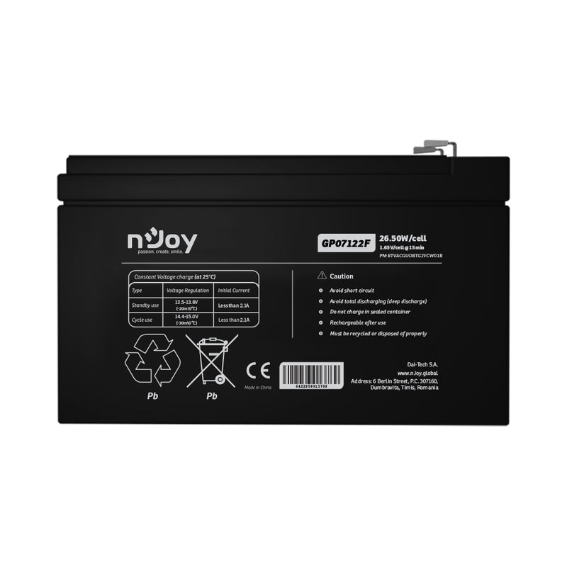 Батерия 12V 265W/cell - 7Ah Тип VRLA без поддръжка F2(T2) конектор - NJOY GP07122F