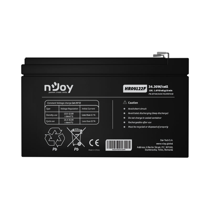Батерия 12V 3430W/cell - 9Ah HR Бързоразрядна F2 конектор Тип VRLA - NJOY HR09122F