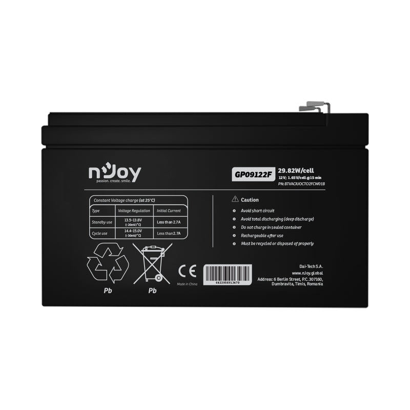 Батерия 12V 2982W/cell - 9Ah Тип VRLA без поддръжка F2 конектор - NJOY GP09122F