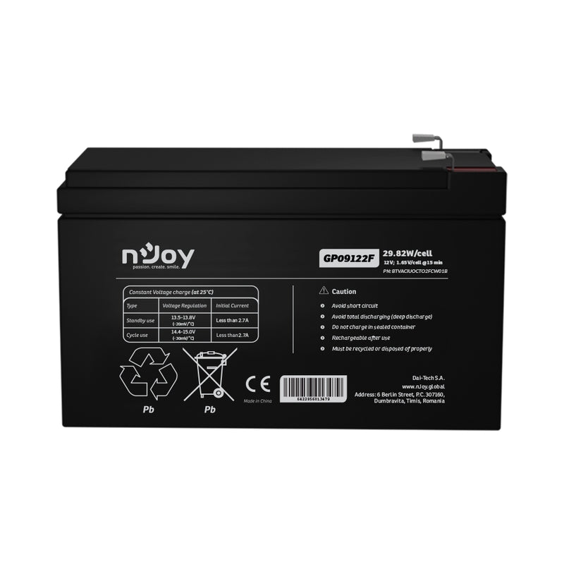 Батерия 12V 2982W/cell - 9Ah Тип VRLA без поддръжка F2 конектор - NJOY GP09122F