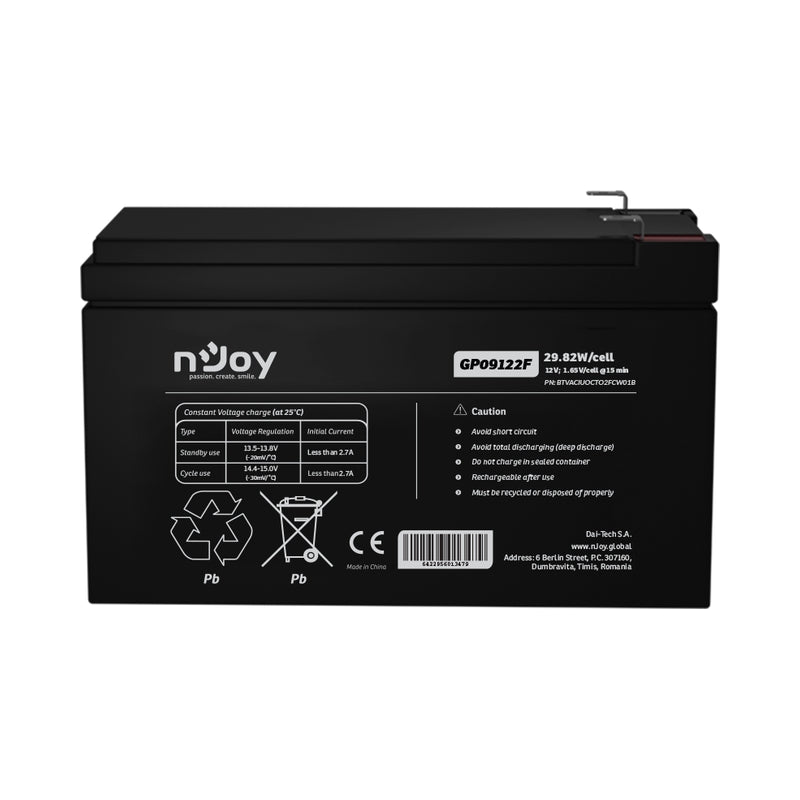 Батерия 12V 2982W/cell - 9Ah Тип VRLA без поддръжка F2 конектор - NJOY GP09122F