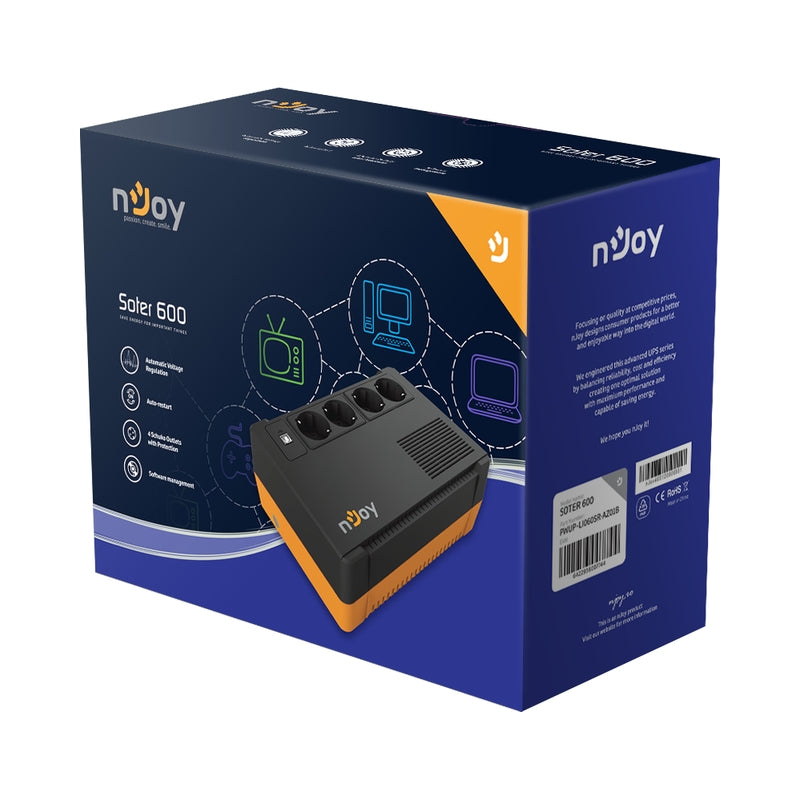UPS 650VA/360W, Line Interactive, LED индикация, Симулирана синусоида, AVR - автоматично регули - NJOY Soter 600