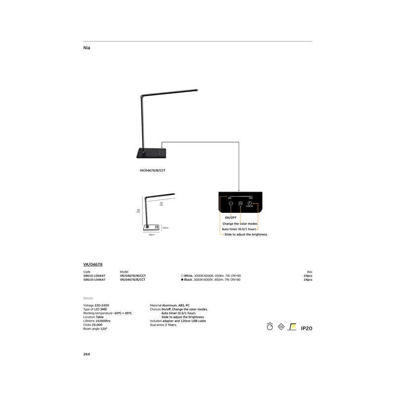 LED осветител за маса/бюро 3000K-6000K. 7W. 450lm. 220-240V. 120°. LED SMD. -20° C→ 45° C. 10.000hrs. CRI>90, димируем, от алуминий, ABS, PC. IP20, черен - VK LED VK/04678/B/CCT