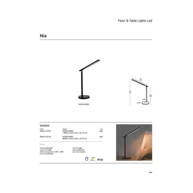 LED осветител за маса/бюро, 220-240V, 7W, 4000K, 600lm, CRI>80, IP20, 32x43cm, димируем, бял - VK LED VK/04239/W/C