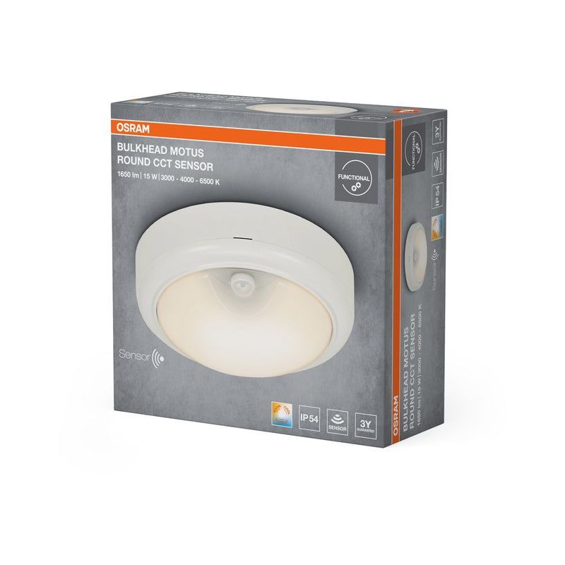 LED Аплик 15W 1200lm 3000K/4000K/6500K IP54 IK06 с PIR сензор, бял - OSRAM BULKHEAD MOTUS ROUND LED689864