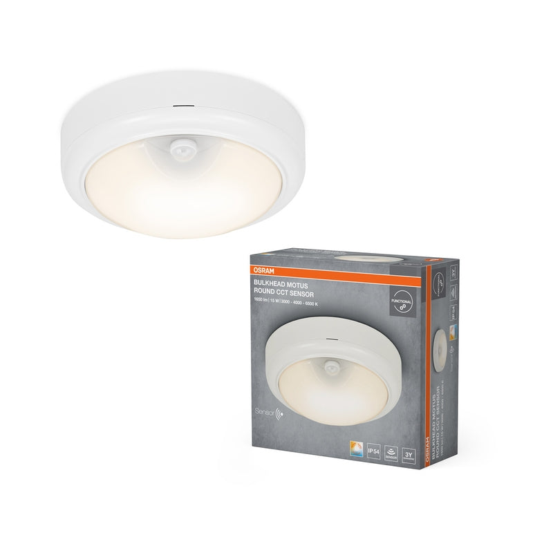 LED Аплик 15W 1200lm 3000K/4000K/6500K IP54 IK06 с PIR сензор, бял - OSRAM BULKHEAD MOTUS ROUND LED689864