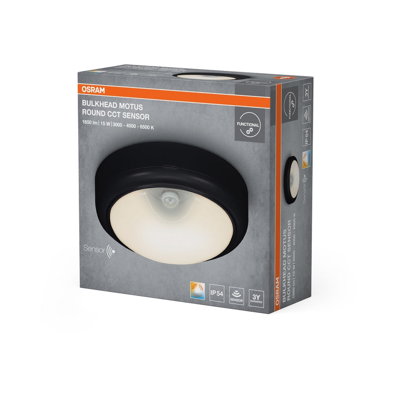 LED Аплик 15W 1200lm 3000K/4000K/6500K IP54 IK06 с PIR сензор, черен - OSRAM BULKHEAD MOTUS ROUND LED689888