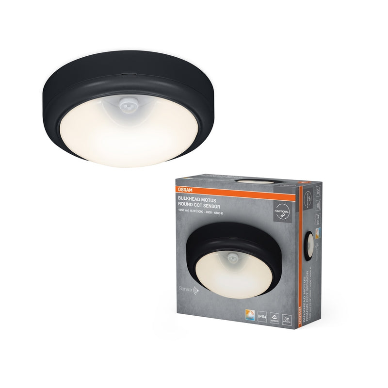 LED Аплик 15W 1200lm 3000K/4000K/6500K IP54 IK06 с PIR сензор, черен - OSRAM BULKHEAD MOTUS ROUND LED689888