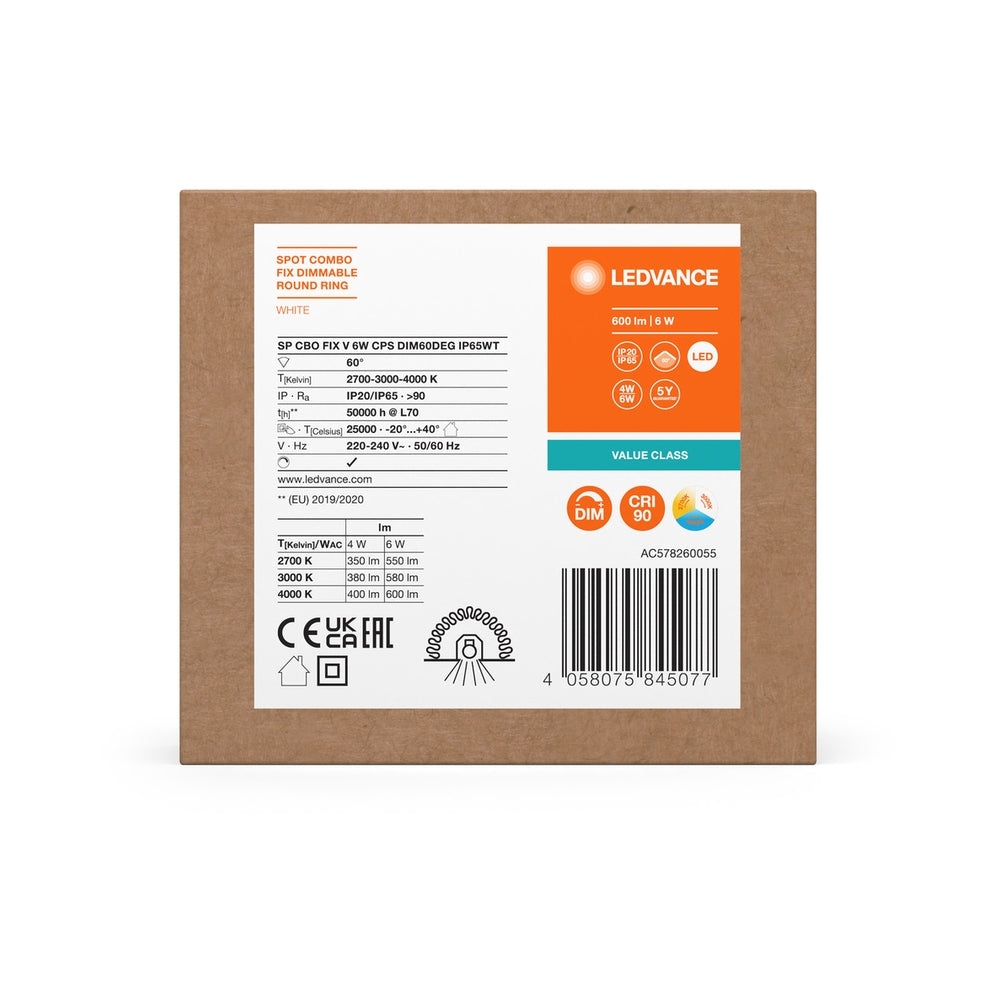LED луна SP CBO FIX V 6W / 4W CPS DIM 60° IP65/IP20 бяла 600lm / 400lm - LEDVANCE SP CBO FIX LED845077